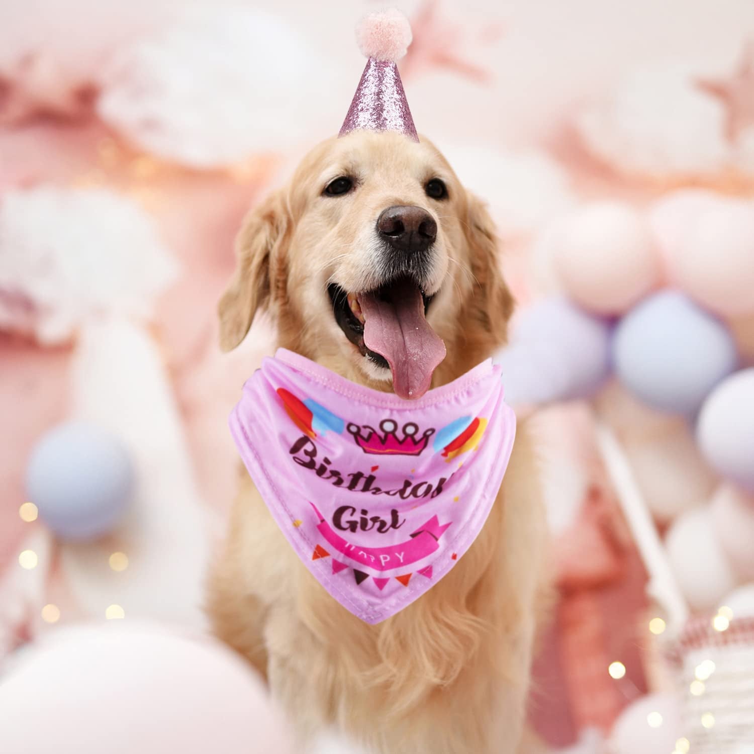 Dog Birthday Party Supplies Bandana Hat Banner Set Boy Girl Cute Bow Tie Scarf Dog Birthday Decorations (Pink,Dog Girl)
