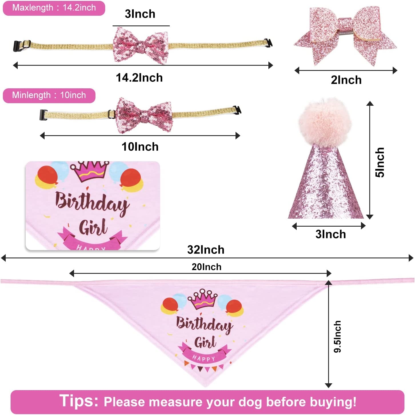 Dog Birthday Party Supplies Bandana Hat Banner Set Boy Girl Cute Bow Tie Scarf Dog Birthday Decorations (Pink,Dog Girl)