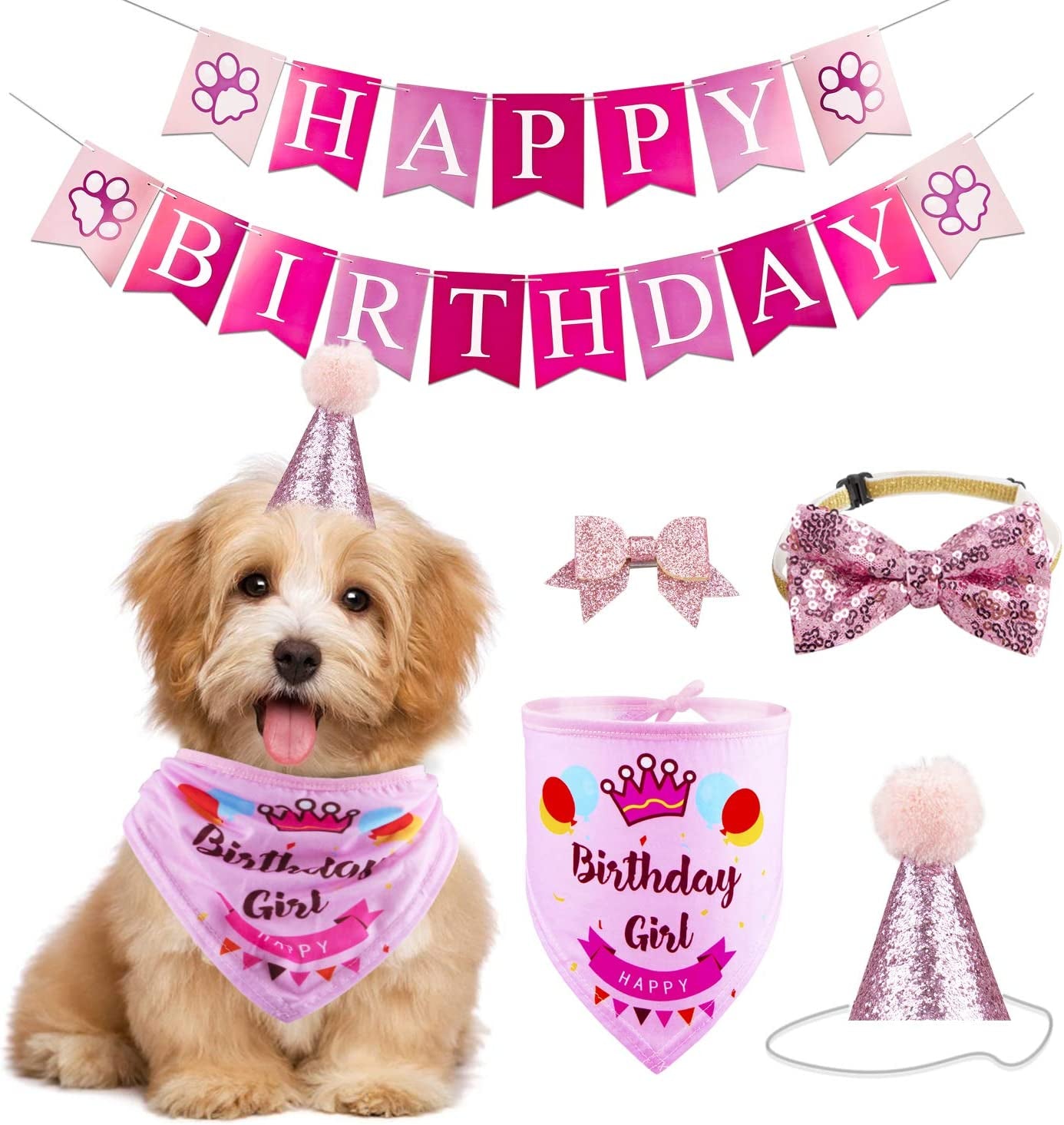 Dog Birthday Party Supplies Bandana Hat Banner Set Boy Girl Cute Bow Tie Scarf Dog Birthday Decorations (Pink,Dog Girl)