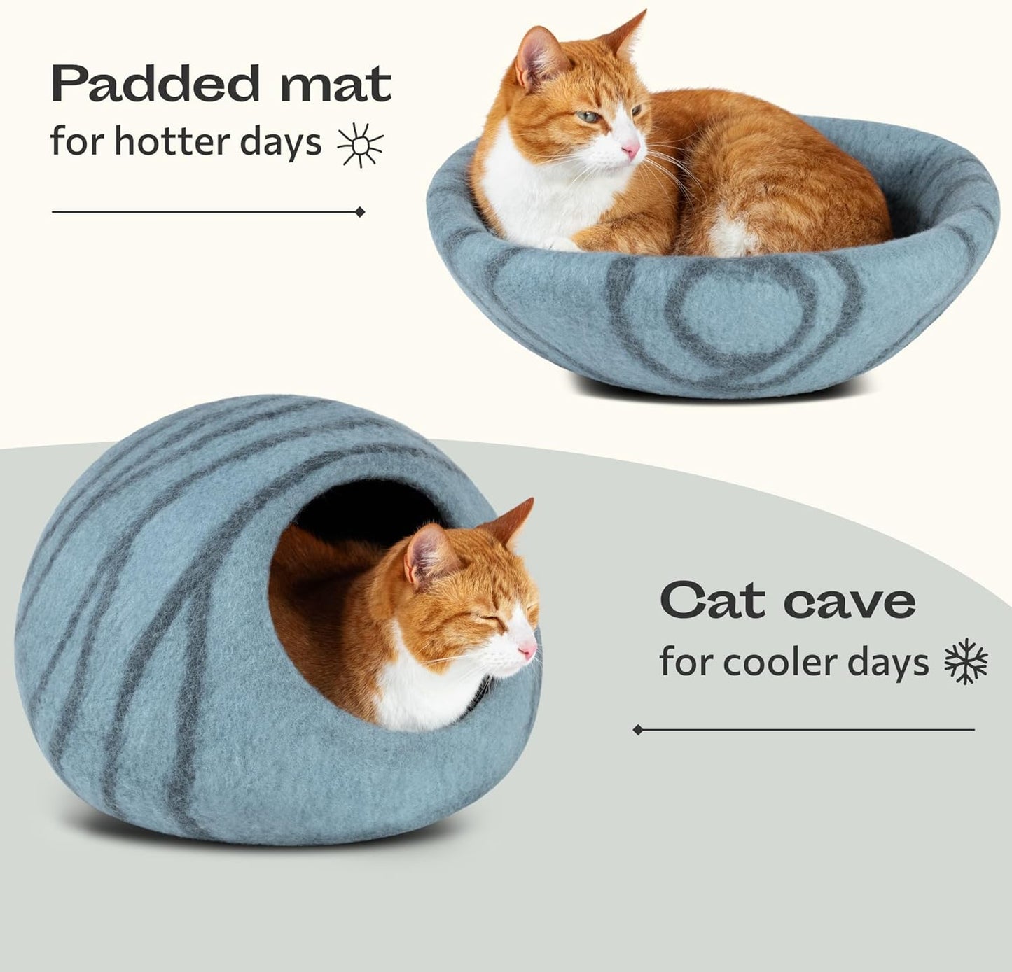 Premium Felt Cat Bed Cave - Handmade 100% Merino Wool Bed for Cats and Kittens (Light Shades) (Medium, Aquamarine)