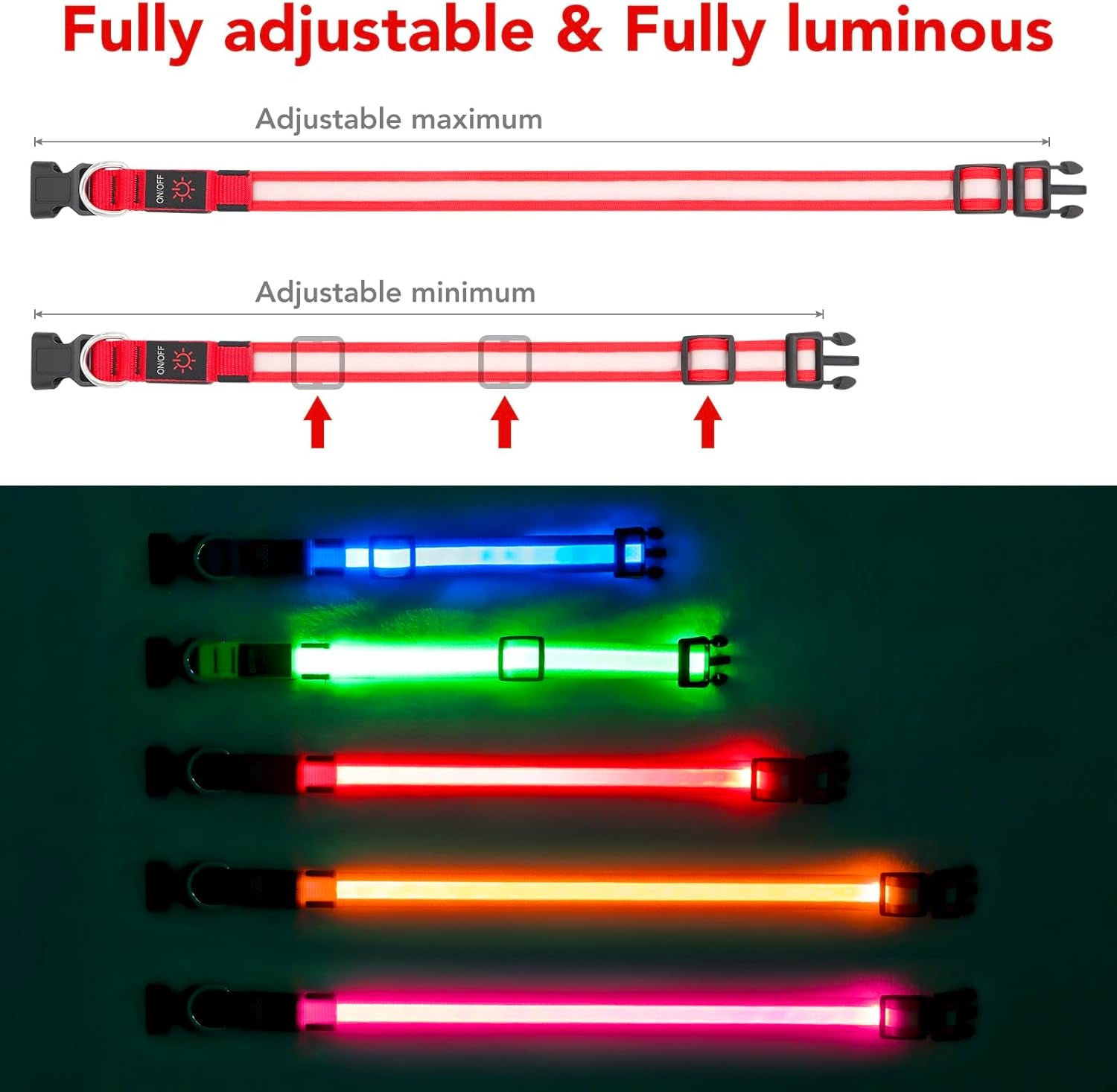 LED Dog Collar, Light up Dog Collar Adjustable USB Rechargeable Super Bright Safety Light Glowing Collars for Dogs